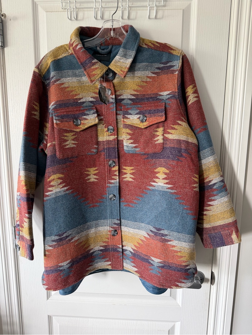 Warehouse Western Print Button-Front Shacket in Rust, Blue & Mustard